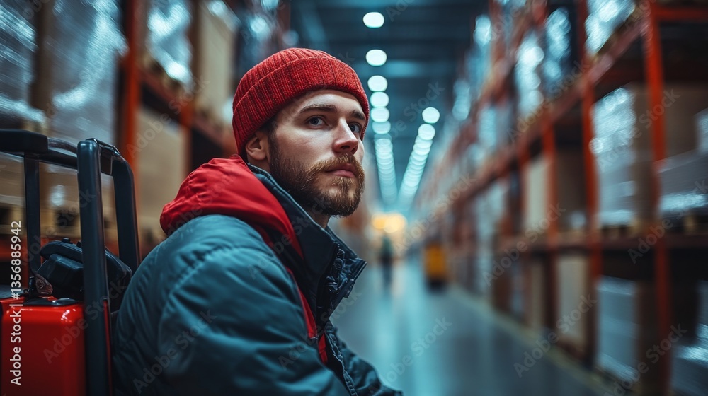 Obraz premium A warehouse worker takes a moment to rest while surrounded by inventory storage. Shelves stocked with cargo create a busy backdrop of logistics operations.