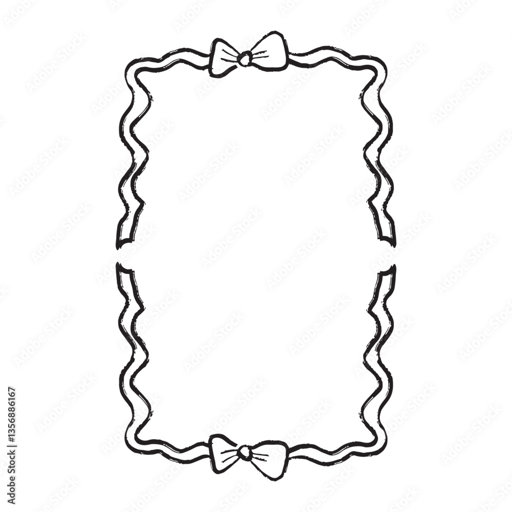 Ribbon frame with tied bow in black brush stroke texture isolated on white background. Hand drawn vector sketch illustration in vintage charcoal ink. Greeting card design, invitation element