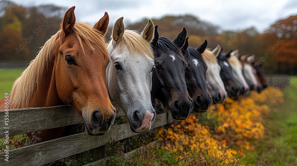 Obraz premium A lineup of horses nuzzling each other gently, their heads leaned together in harmony, framed by a vibrant meadow and a wooden fence in the background. 
