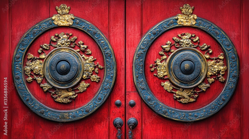 Fototapeta premium Ornate red temple doors with gold and dark blue accents