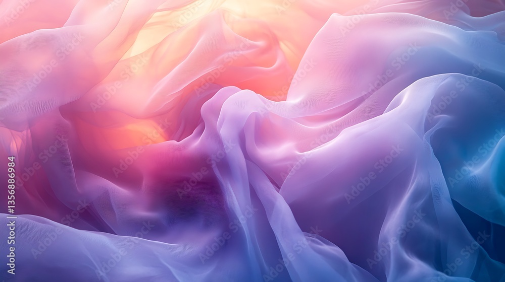 Obraz premium A mesmerizing cascade of pastel tulle fabric, sheer and weightless, soft pink, lavender, and sky blue hues blending seamlessly, gentle movement, cinematic lighting, high-definition textures.