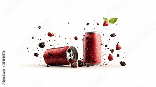 Red Soda Can Explosion with Raspberries and Chocolate Pieces