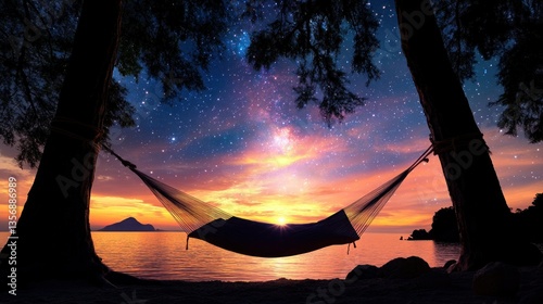 Starry night hammock sunset beach scene