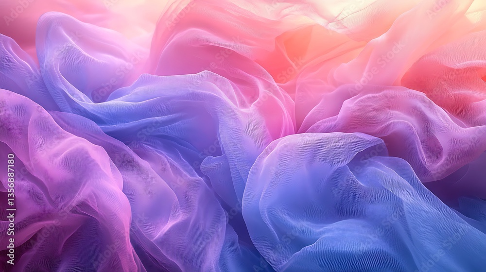 Obraz premium A mesmerizing cascade of pastel tulle fabric, sheer and weightless, soft pink, lavender, and sky blue hues blending seamlessly, gentle movement, cinematic lighting, high-definition textures.
