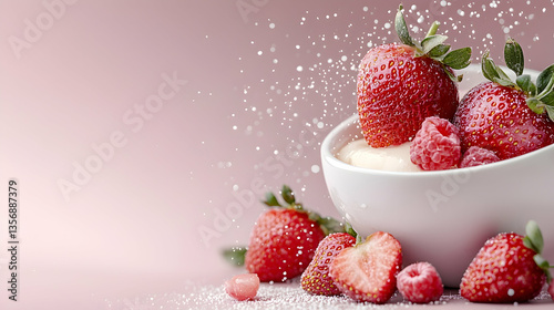 Red Strawberries and Raspberries in Cream Bowl