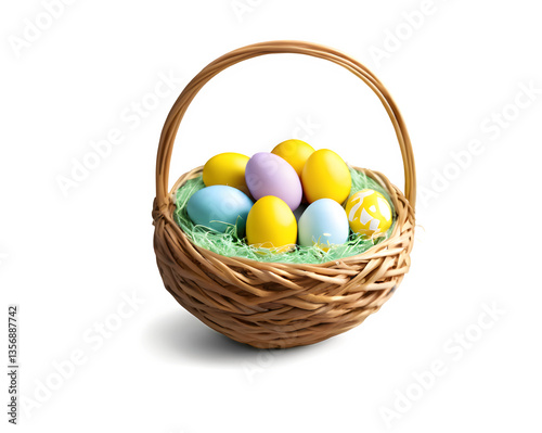A beautifully arranged wicker basket filled with colorful Easter eggs, decorated with intricate patterns, placed on a clean white background.
