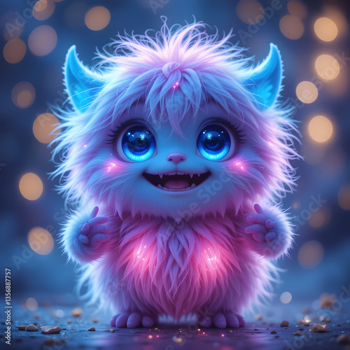 A cute, fluffy monster with a soft, glowing pink and blue gradient fur