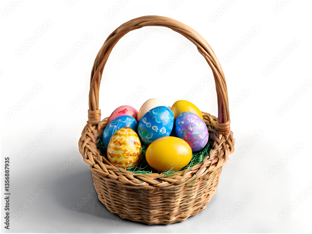 Naklejka premium A beautifully arranged wicker basket filled with colorful Easter eggs, decorated with intricate patterns, placed on a clean white background.