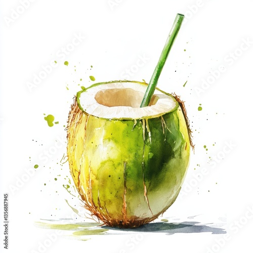 Songkran Festival Celebration Thai Coconut Water Art Nature Watercolor Isolated Refreshing Concept