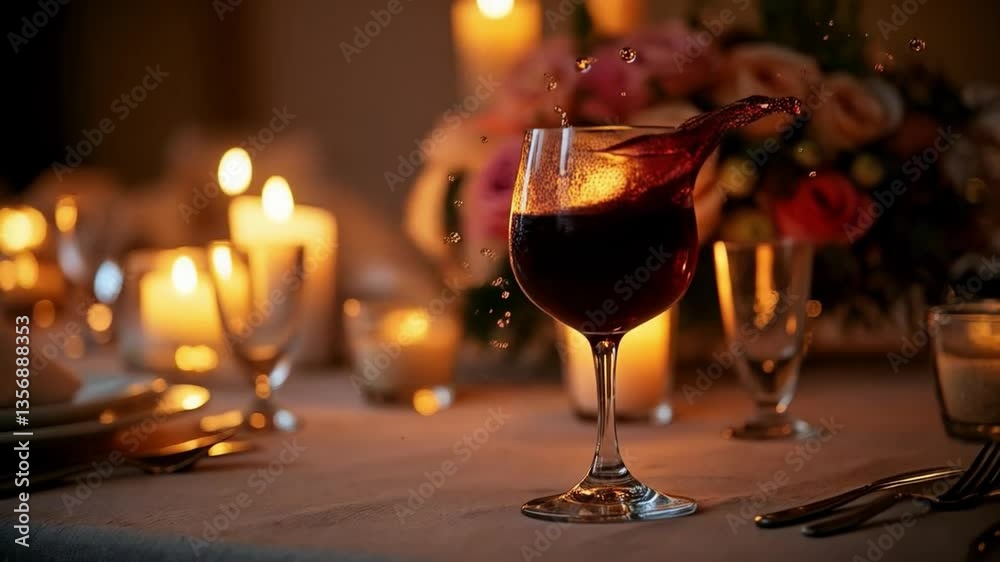 Copa de vino tinto con salpicadura en mesa romántica iluminada con velas
