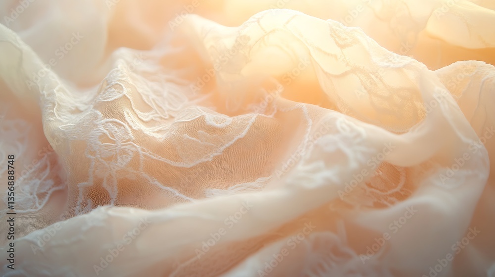 Fototapeta premium Close-up of pastel lace fabric drifting gently, delicate threads catching the light, soft flowing motion, high-definition details, warm and serene composition, cinematic lighting. --ar 16:9