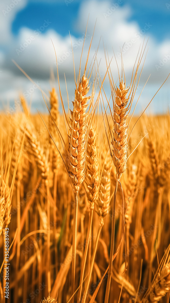 Fototapeta premium Golden wheat field under blue sky with fluffy clouds on a sunny day