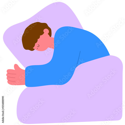 man sleeping peacefully in bed, restful night and sweet dreams flat vector illustration