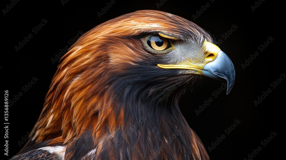 Naklejka premium Majestic Golden Eagle Portrait with Intense Gaze and Detailed Plumage Against a Dark Background in Studio Lighting