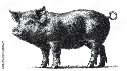A modern black pig icon with simple rounded lines and a classic curled tail, isolated on a bright white background for a polished look.  