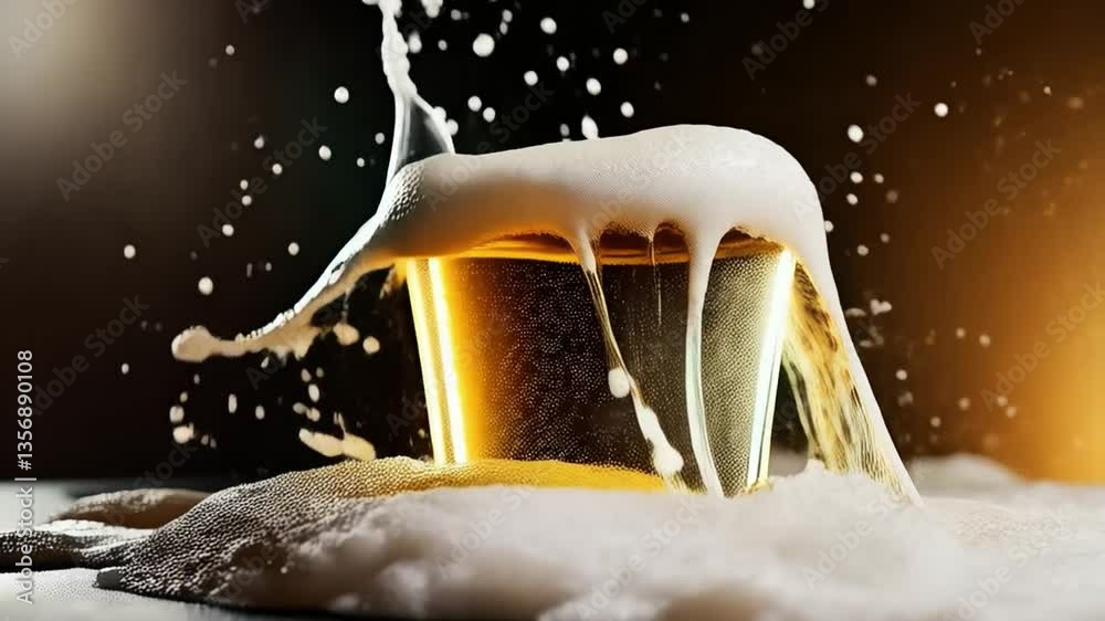 Explosión de espuma en un vaso de cerveza dorada sobre fondo oscuro
