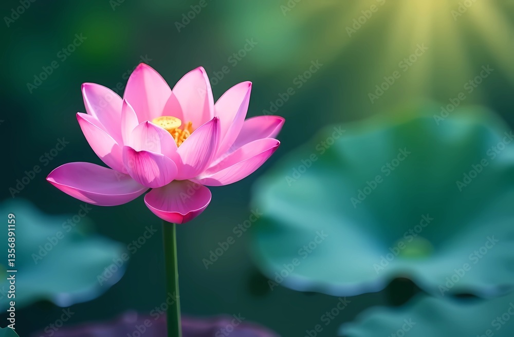 Fototapeta premium A postcard to celebrate Malaysian Vesak Day with lotus flowers in water. A calm and beautiful composition 