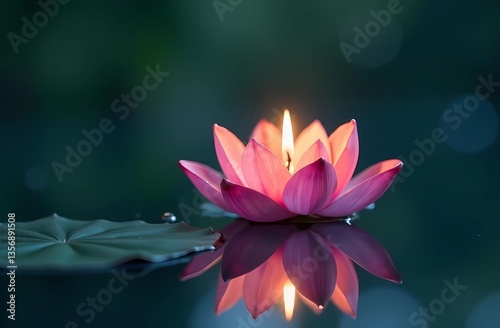 Malaysian Vesak Day postcard with lotus flowers in water and glow. Calm and beautiful composition	