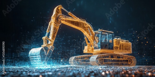 Illuminated wireframe excavator stands out against a digital background