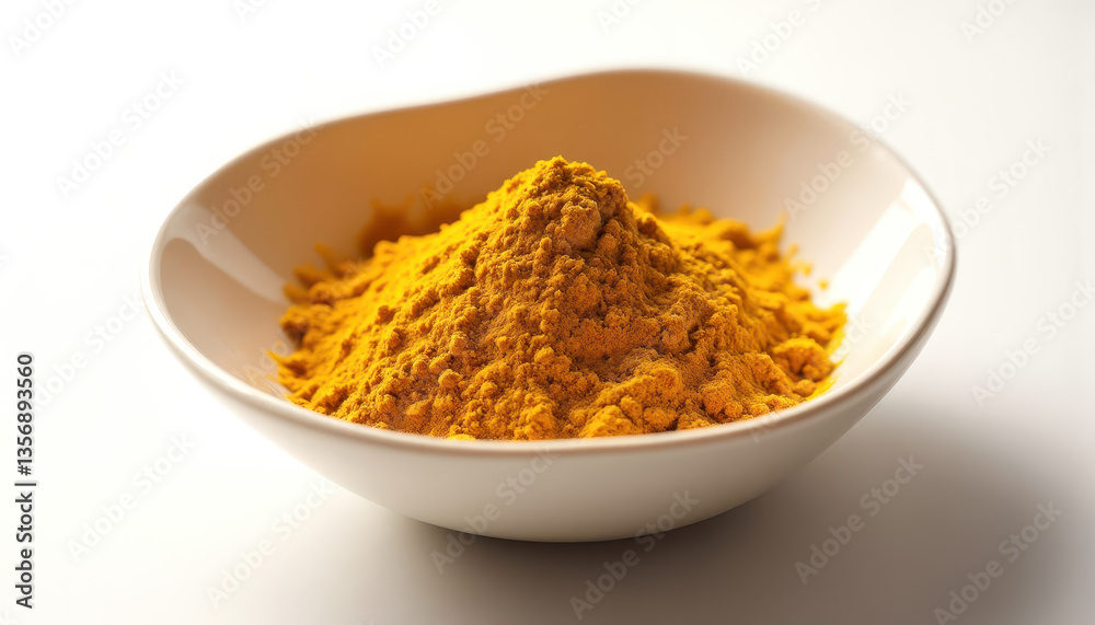 Exotic yellow spice in white bowl for culinary and health uses Exotic yellow spice in white bowl for culinary and health uses