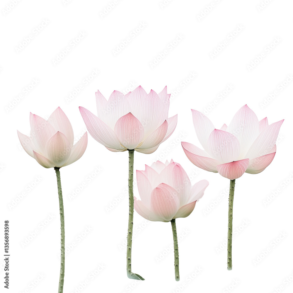 Tranquil scene of three pink lotus flowers floating elegantly together in still water creating a serene ambiance , white isolate background Tranquil scene of three pink lotus flowers floating elegantly together in still water creating a serene ambiance , white isolate background