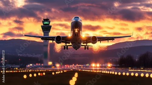 Airplane taking off at sunset over airport runway with control tower