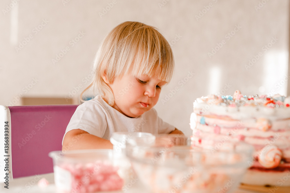 Adorable Toddler Enjoying Birthday Cake with Sweet Expression in Sunlit Room Adorable Toddler Enjoying Birthday Cake with Sweet Expression in Sunlit Room