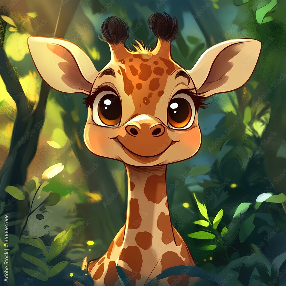 Cute baby Gentle giraffe character, cartoon, webtoon, illustration.