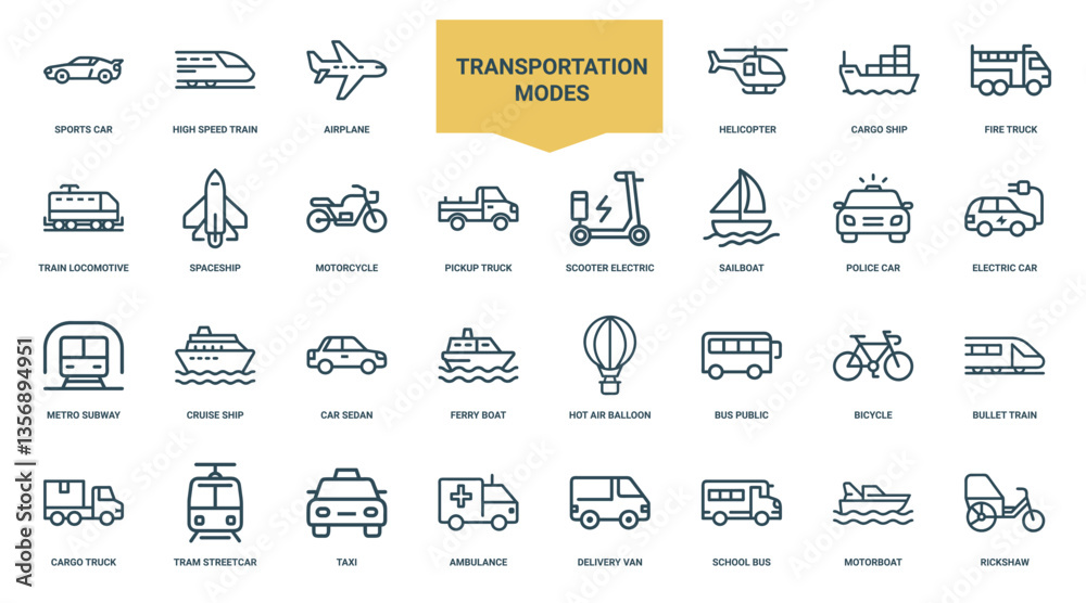 collection transportation modes icons vehicles methods modern transport, subway car police electric metro sailboat