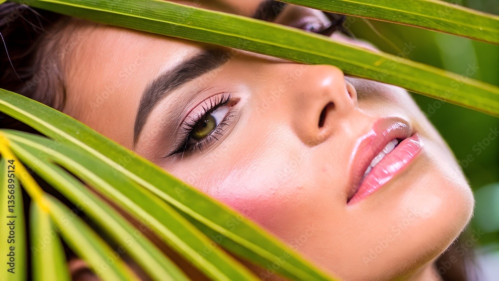 Tropical Beauty Close-Up of a Model with Flawless Makeup Partially Covered by a Vibrant Red Leaf