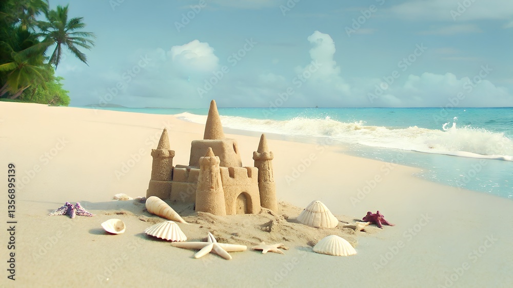 Sandcastle, Shells, And Starfish On The Beach In Summer, Ideal For Family And Summer Themed Content