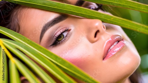 Tropical Beauty Close-Up of a Model with Flawless Makeup Partially Covered by a Vibrant Red Leaf
