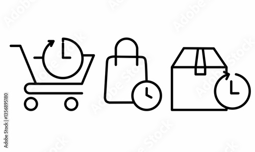 Fast Shopping and Pre Order Icons.Minimalist black and white line icons of a shopping cart, bag, package, and clock, representing express delivery, fast shipping, quick purchases, and pre orders