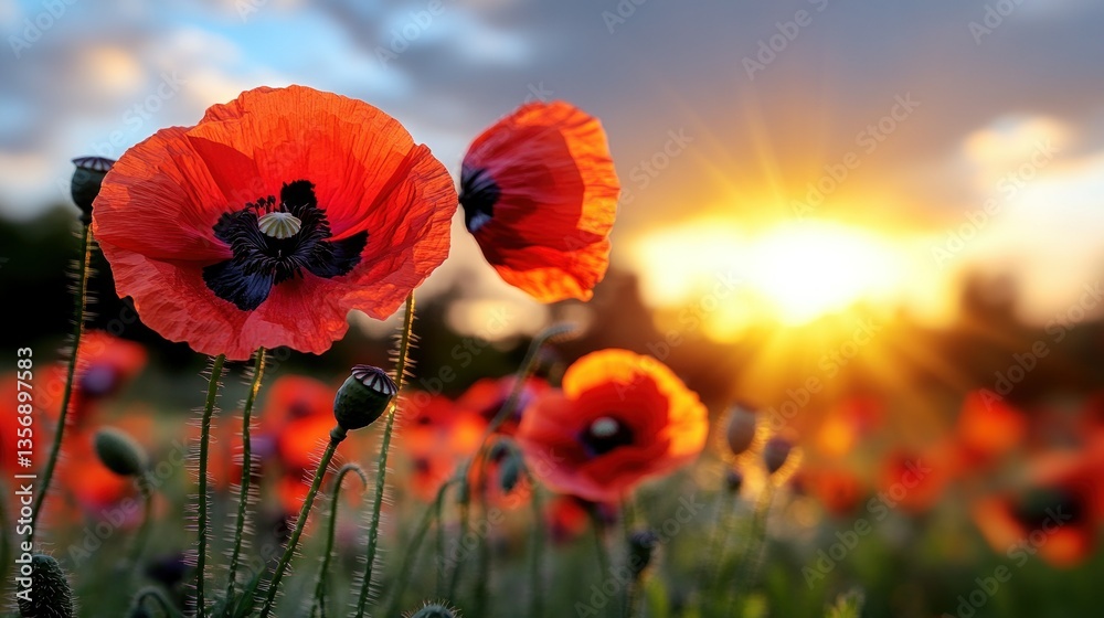 Obraz premium Sunset poppy field, vibrant red flowers, dramatic sky. Possible use nature wallpaper
