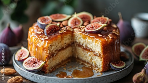Wallpaper Mural A caramel fruit cake with a layer of dulce de leche in the center, sliced open to reveal its gooey filling, surrounded by fresh figs, almonds, and caramel shards, Torontodigital.ca