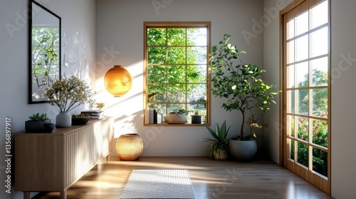 Sunny entryway with wooden furniture and greenery photo