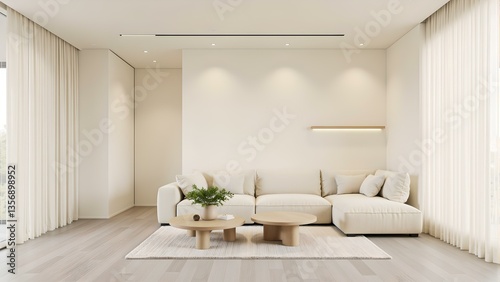 Modern cream-toned living room interior with minimalist fabric sofa and recessed lighting  wooden coffee tables with potted plant for real estate catalogs