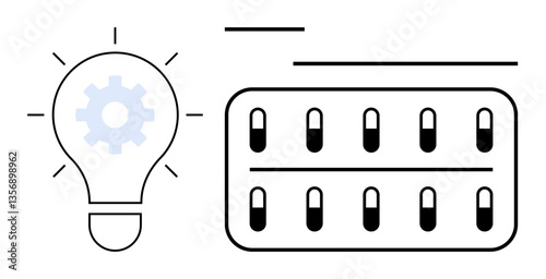 Light bulb with gear inside symbolizing innovation, alongside a medication pack representing health and pharmaceuticals. Ideal for innovation, technology, healthcare, research, development, ideas