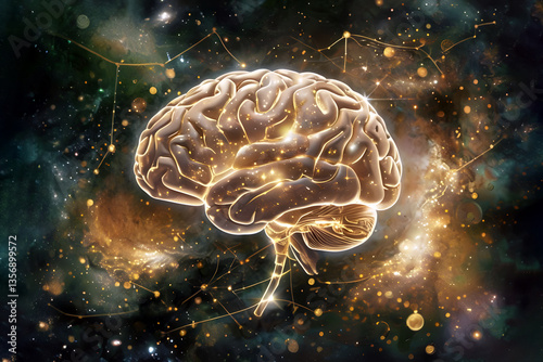 Golden glowing brain in outer space. The power of the human Mind in the Universe. Emotional and spiritual energy