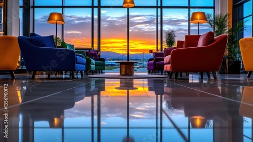 Colorful lounge area with sunset view reflected on polished floor photo