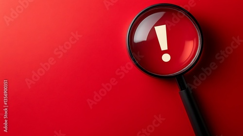 Magnifying glass exclamation mark red background photo