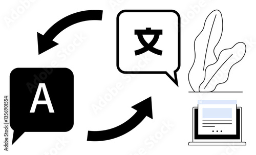 Two text bubbles with letters and arrows symbolize language exchange, placed near a laptop and plant. Ideal for communication, technology, workflow, learning, global access, language, flat simple