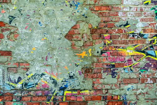 Abstraction of crumbling graffiti on a city street wall. Colorful abstract background. Old, cracked, peeling paint on the wall as a background.