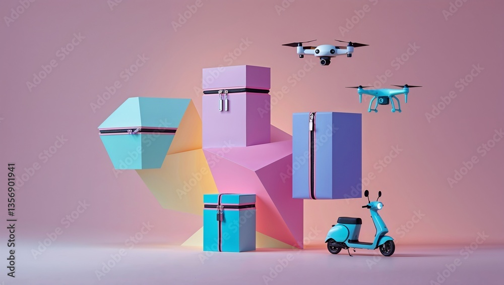 Obraz premium Futuristic delivery concept with drones and colorful parcels