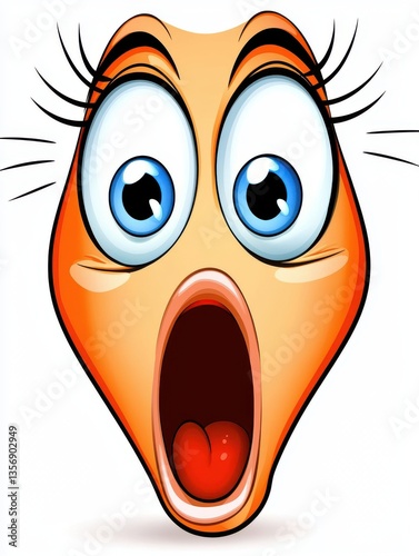 Cartoon female shocked expression with wide blue eyes, ing mouth, long eyelashes, conveying surprise and amazement emotion
