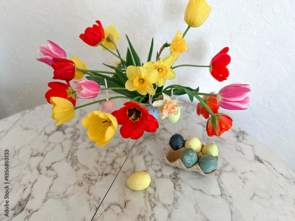 An Easter card. Colorful bright tulips decorated with eggs stand in a vase on the table next to colorful eggs