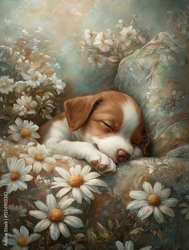 A Playful Puppy Sleeps Peacefully on a Floral Pillow Surrounded by Daisies in a Bright and Joyful Sunlit Garden Setting