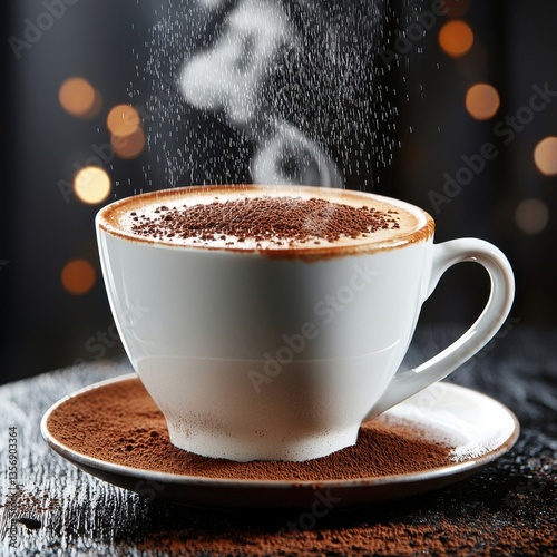 Steaming cappuccino cup on saucer dusted with cocoa powder and whical steam rising into bokeh background delighting senses