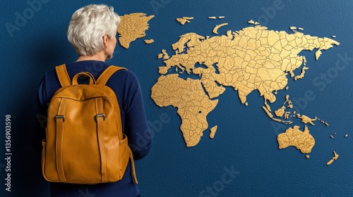 Weary traveler with a tan backpack contemplates a large gold world map on a deep blue wall symbolizing adventure and journey