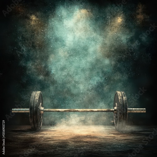Ethereal Light Illuminates a Gleaming Barbell on Dusty Floor in Dimly Lit Gym Creating a Dramatic and Textured Background